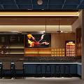 Japanese Restaurant Interior With Bar Counter Stools Food Display And Wooden Lighting