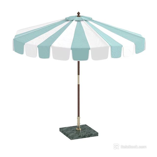 Blue And White Striped Outdoor Sunshade With Wooden Pole And Marble Base 3d model 