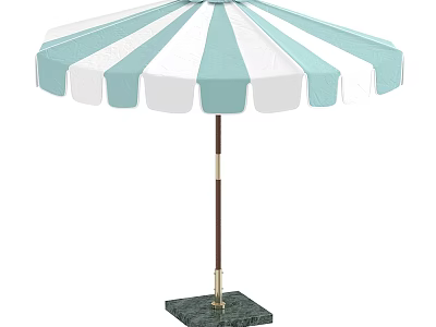 Blue And White Striped Outdoor Sunshade With Wooden Pole And Marble Base 3d model