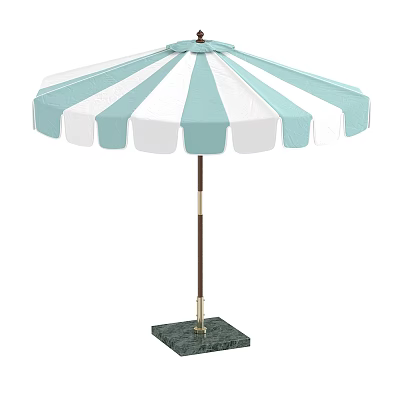 Blue And White Striped Outdoor Sunshade With Wooden Pole And Marble Base 3d model