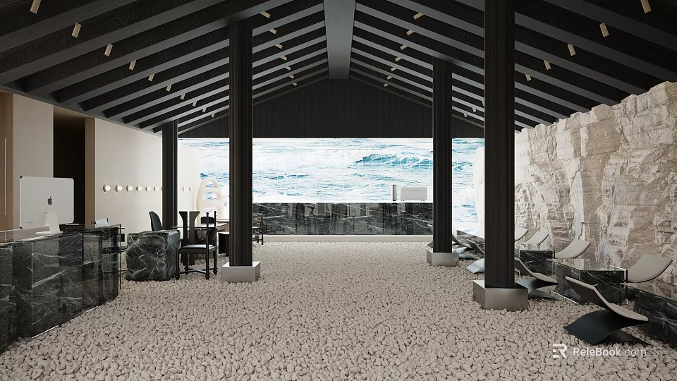 Modern Cafe Interior With Ocean View Dark Beams And Pebble Floor 3d model 
