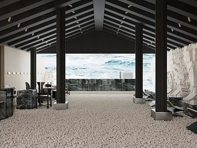 Modern Cafe Interior With Ocean View Dark Beams And Pebble Floor 3d model