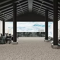 Modern Cafe Interior With Ocean View Dark Beams And Pebble Floor