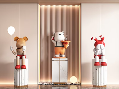 Colorful Cartoon Sculptures with Balloon Tray on White Marble Base against Striped Wall 3d model