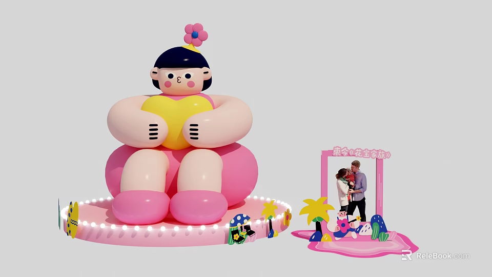 Cartoon Character Photo Spot With Pink Theme Photo Frame And Decorations For Check In 3d model 