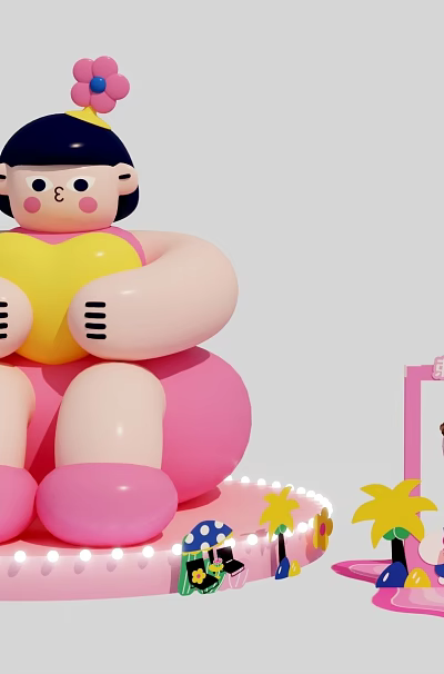 Cartoon Character Photo Spot With Pink Theme Photo Frame And Decorations For Check In 3d model
