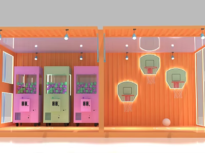 Orange Container Interior With Pink Green Claw Machines And Basketball Hoops 3d model