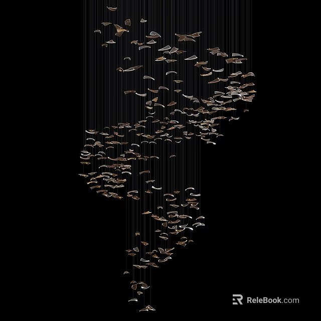 Modern Artistic Chandelier With Cascading Small Metallic Elements On Black Background 3d model 