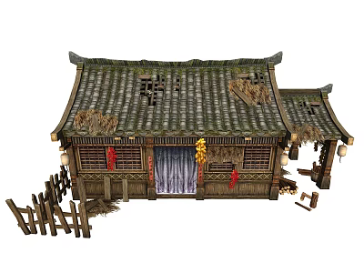 Cartoon Scene of Traditional Chinese Building with Tile Roof Wooden Door Lanterns and Wooden Fence 3d model