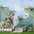 Floral Art Installation with Landscape Background Golden Frames and Colorful Blooms on Green Grass