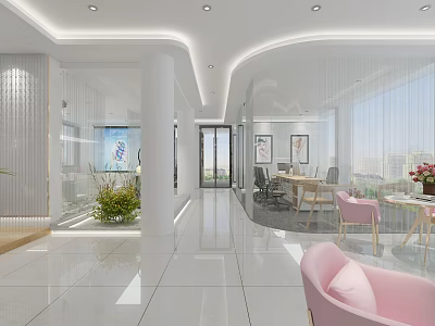 Spacious Bright Modern Hospital Outpatient Clinic Lobby With White Interior Green Plants And Glass Windows 3d model