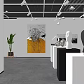 Art Gallery Exhibition Interior With Paintings Sculptures And Green Plants