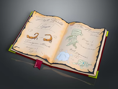 Vintage Open Book With Hand Drawn Illustrations Yellowed Pages Handwritten Notes And Decorative Edges 3d model
