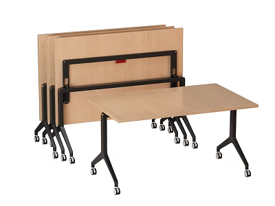Foldable Mobile Office Desk With Stackable Design Rolling Wheels And Light Wood Finish 3d model