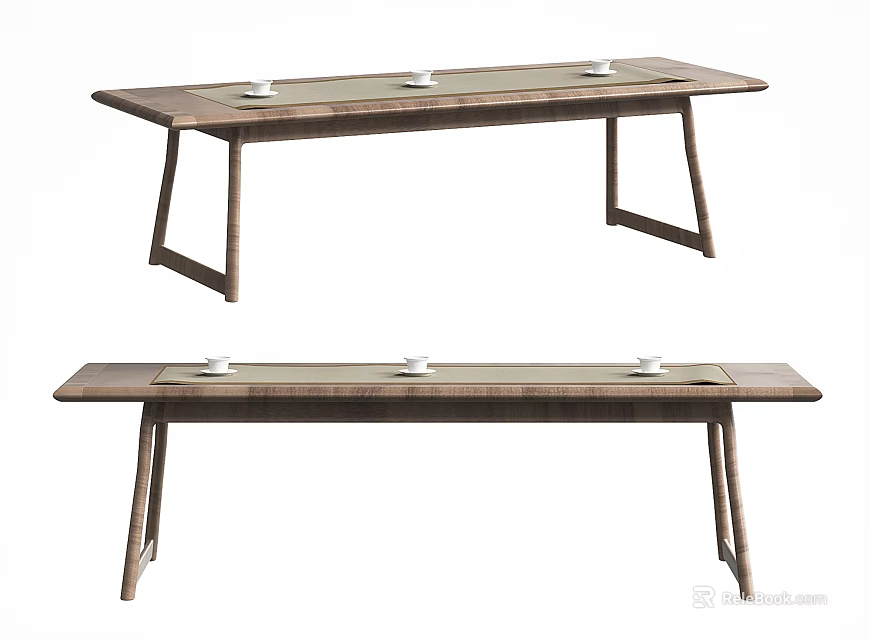 Simple Wooden Tea Table And Chairs With Sleek Legs And White Teacups 3d model 