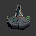 Cartoon Style Blocky Scene With Central Tower And Green Figures On Platform