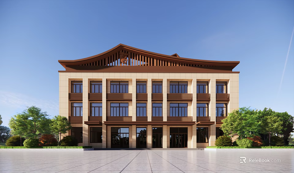 Traditional Chinese Architecture Featuring Brown Beige Exterior Wooden Roof Wide Plaza And Green Plants 3d model 