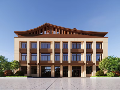Traditional Chinese Architecture Featuring Brown Beige Exterior Wooden Roof Wide Plaza And Green Plants 3d model