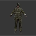 Military Soldier Character In Camouflage Uniform With Tactical Gear Three Quarter Back Front Views
