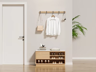 Minimalist Wooden Shoe Cabinet In Entryway With Coat Hooks White Shirt Bag And Green Plant 3d model