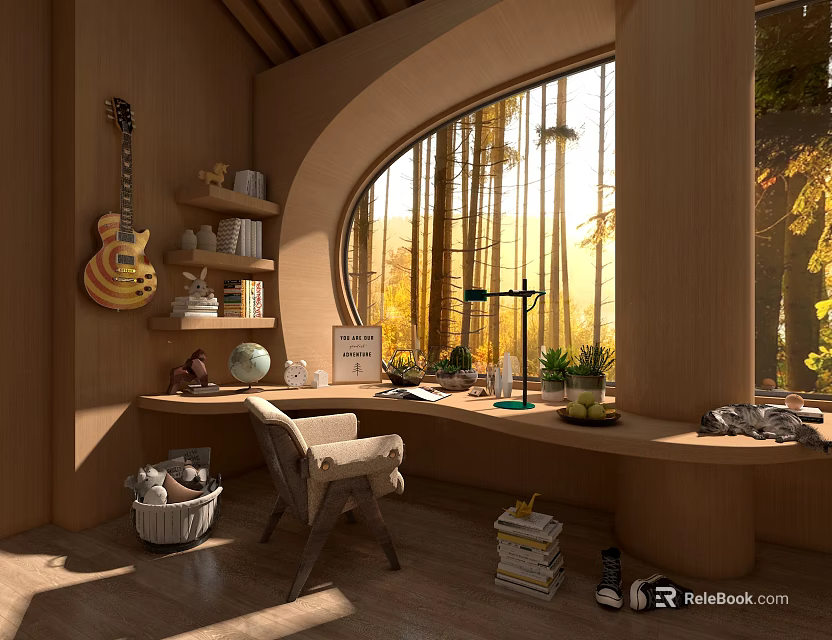 Cozy Study Room with Arched Window Bamboo Forest Sunlight Guitar Bookshelf and Desk 3d model 