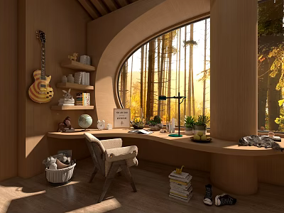 Cozy Study Room with Arched Window Bamboo Forest Sunlight Guitar Bookshelf and Desk 3d model