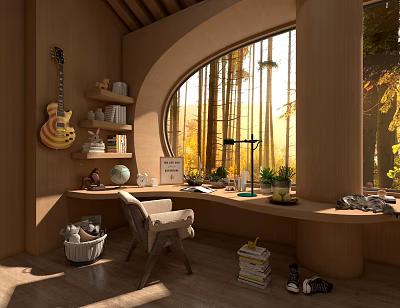 Cozy Study Room with Arched Window Bamboo Forest Sunlight Guitar Bookshelf and Desk 3d model