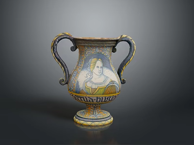Decorative Sculpted Vase With Two Handles Detailed Painted Portrait And Ornate Base 3d model