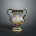 Decorative Sculpted Vase With Two Handles Detailed Painted Portrait And Ornate Base