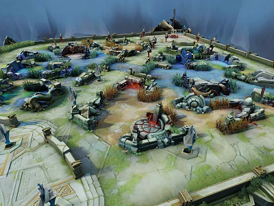 Cartoon Ruin Scene With Broken Structures Grassy Areas Water Pools Statues And Red Circular Marks 3d model