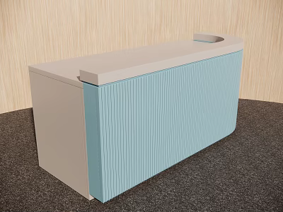 Contemporary Reception Desk Featuring Light Gray Blue Vertical Stripes Sleek Surface And Wooden Wall 3d model
