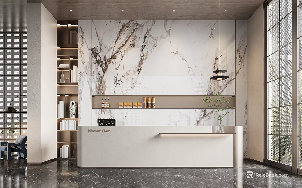 Modern Reception Interior With White Desk Marble Wall Hanging Lights And Potted Plant 3d model 
