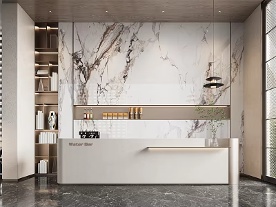Modern Reception Interior With White Desk Marble Wall Hanging Lights And Potted Plant 3d model