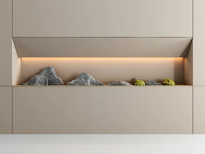Modern Light Gray Cabinet With Recessed Niche Ambient Lighting Decorative Stones And Green Fruits 3d model