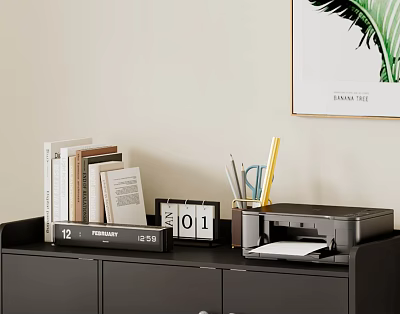Desk Setup With Black Cabinet Calendar Books Stationery Printer And Green Leaf Art 3d model