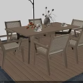 Stylish Outdoor Table With Six Chairs Umbrella Decorative Vase And Fruit Plate On Wooden Deck