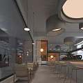 Modern Café Open Space Design With Wooden Elements Hanging Lights Green Plants And Staircase Seating