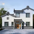 Traditional Chinese Detached Villa Exterior With White Walls Gray Tiles And Lush Garden Trees