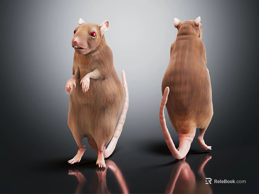 Brown Rats Standing With Red Eyes Front And Back Views On Shiny Surface 3d model 
