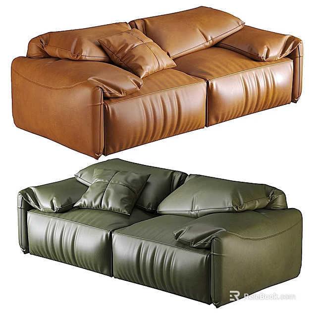 Modern Brown and Green Leather Two Seater Sofa with Plush Cushions 3d model 