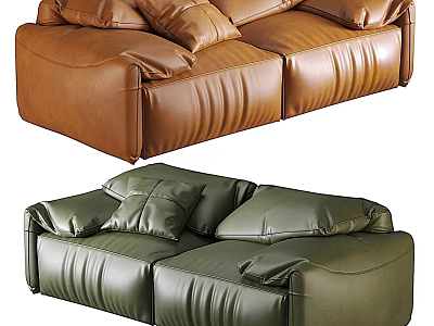 Modern Brown and Green Leather Two Seater Sofa with Plush Cushions 3d model