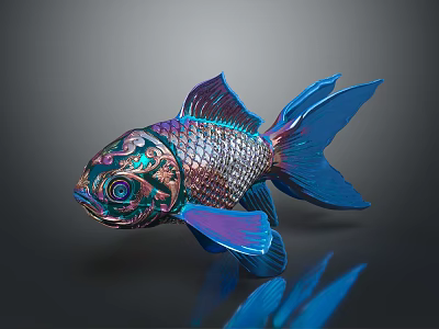 Colorful Fish Sculpture With Intricate Carving Details Blue And Purple Metallic Texture 3d model