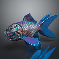 Colorful Fish Sculpture With Intricate Carving Details Blue And Purple Metallic Texture