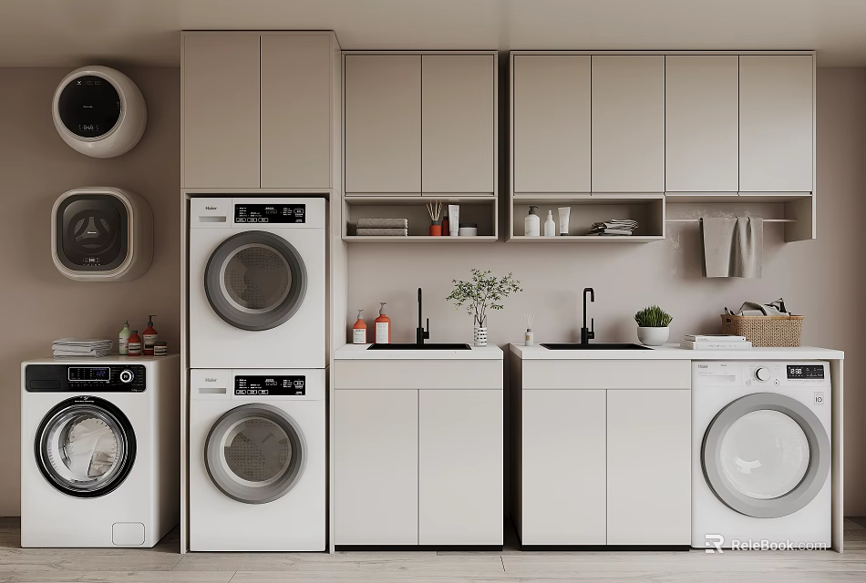 Modern Laundry Cabinetry Featuring Washing Machines Countertop Faucet Storage And Plants 3d model 