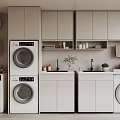 Modern Laundry Cabinetry Featuring Washing Machines Countertop Faucet Storage And Plants