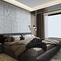 Modern Bedroom Interior With Textured Gray Wall Dark Wooden Wardrobe And Area Rug
