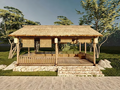 Traditional Thatched House With Wooden Structure Platform Stone Steps And Lanterns In Green Surroundings 3d model