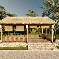 Traditional Thatched House With Wooden Structure Platform Stone Steps And Lanterns In Green Surroundings