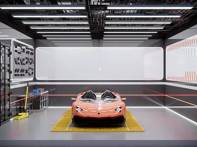 4S Store Showroom Featuring Orange Sports Car On Yellow Mat With Modern Lighting 3d model