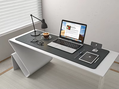 Modern Laptop Workstation On Desk With Coffee Tablet Glasses And Desk Lamp Accessories 3d model